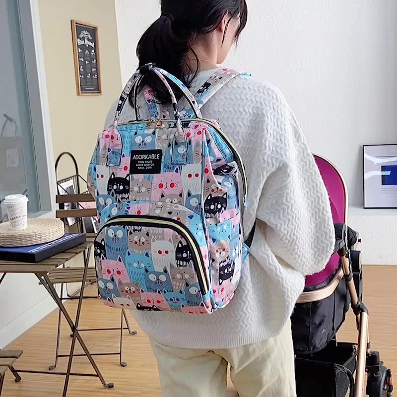 Bolsas de pañales para mamá con estampado de dibujos animados, mochila portátil ligera para mujer, bolsa de almacenamiento aislante para botellas, mochila para mamá a la moda, nueva - imagen 5