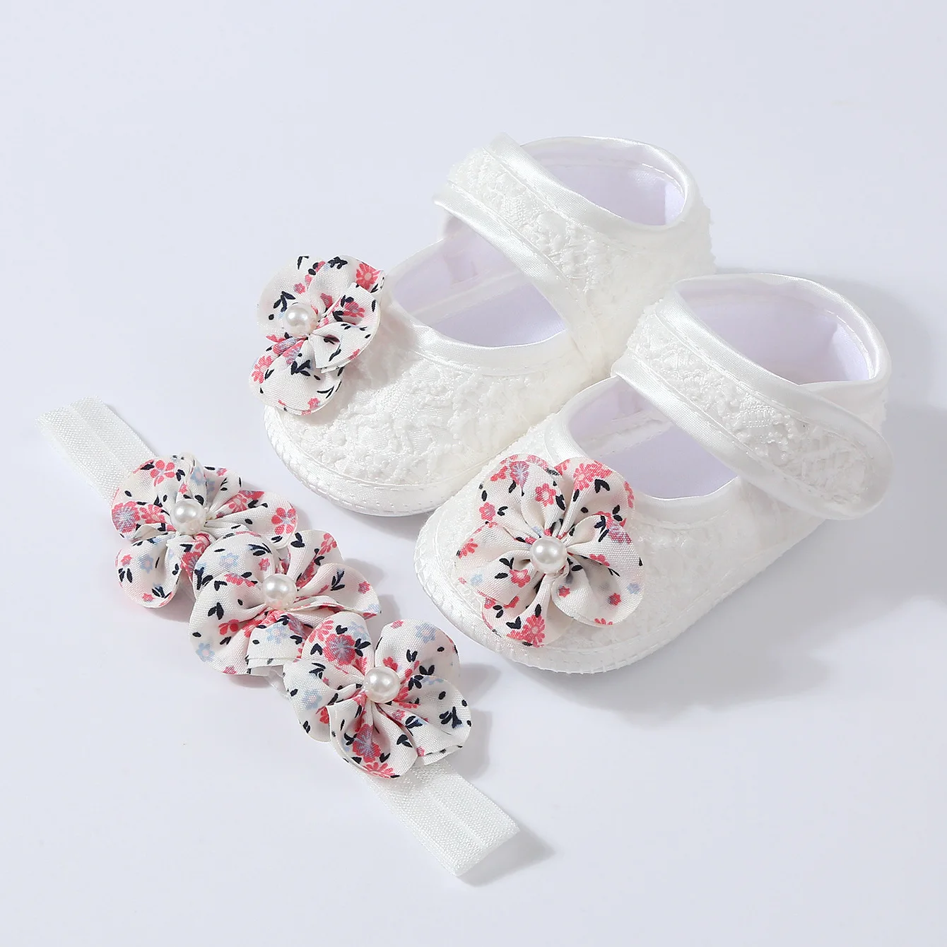 New 1Set Floral Pearl Headband Antiskid White Baby Shoes Newborn Toddler Prewalker Shoes Solid Floor Socks Girls Socks Headwear - imagen 5