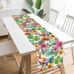 Camino de mesa hawaiano con flor de hibisco y flamenco, Aloha, hojas tropicales de verano, bandera de mesa de plástico, decoraciones para fiesta de feliz cumpleaños