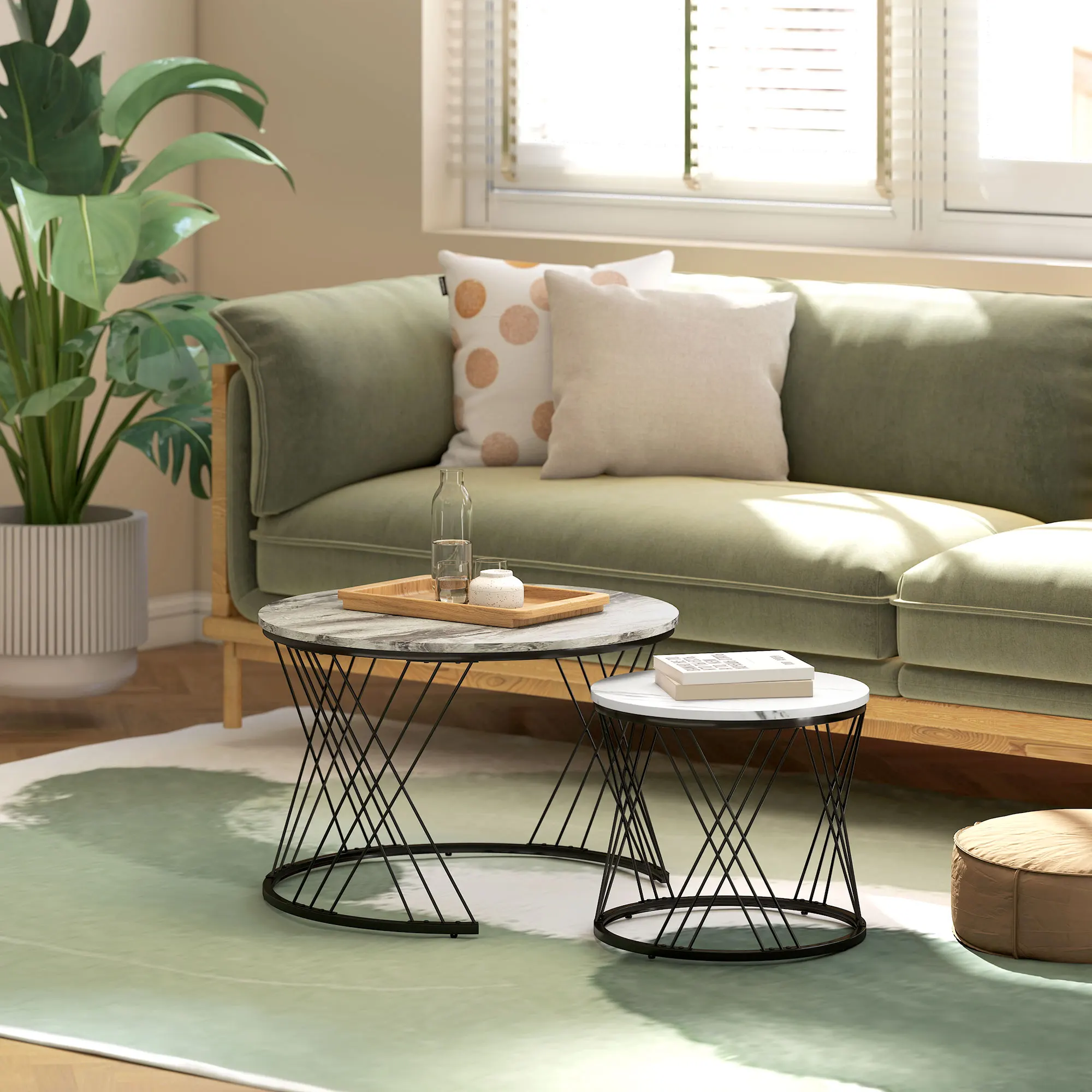 HOMCOM Juego de 2 Mesas Nido Mesas de Centro para Salón Redondas con Tablero con Diseño de Mármol Marco de Metal para Sala de Estar Dormitorio Gris y Blanco - imagen 5