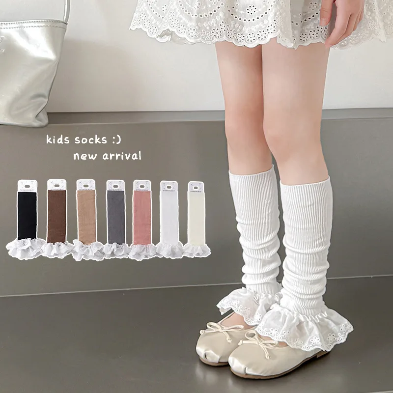 Primavera otoño estilo coreano Lolita niñas calentadores de piernas calcetines de algodón hasta la pantorrilla encaje volantes calcetines largos dulce lindo Kawaii niños cubierta de pie - imagen 2