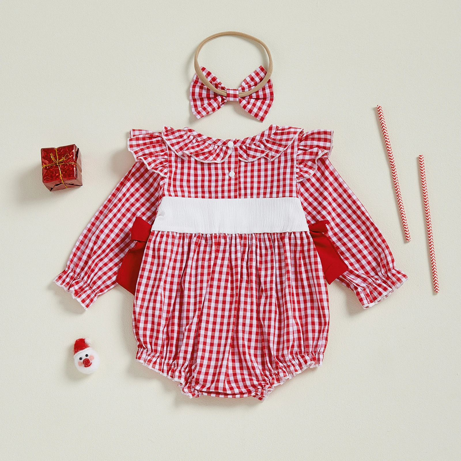 Traje de Navidad para niña de 0 a 18 meses, estampado a cuadros, bordado de Papá Noel, volantes, cuello redondo, manga larga, mameluco, diadema con lazo, 2 uds. - imagen 3