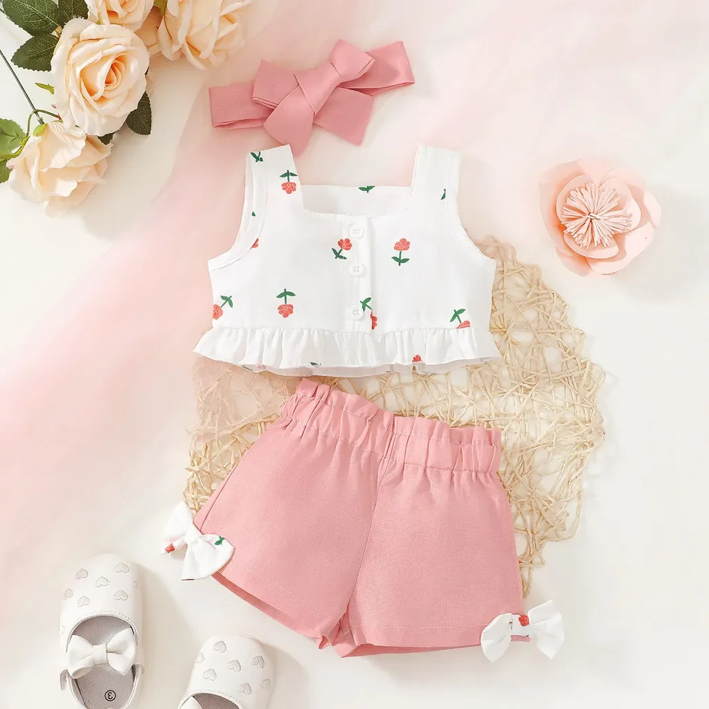 Conjunto floral Bebé Niña: Chaleco sin mangas, shorts y diadema - imagen 4