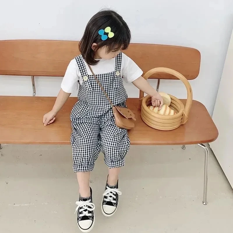 Pantalones a cuadros blancos y negros para niñas, monos para niños, novedad de verano, ropa para niños, peleles informales coreanos para niñas, pantalones finos para bebés - imagen 2