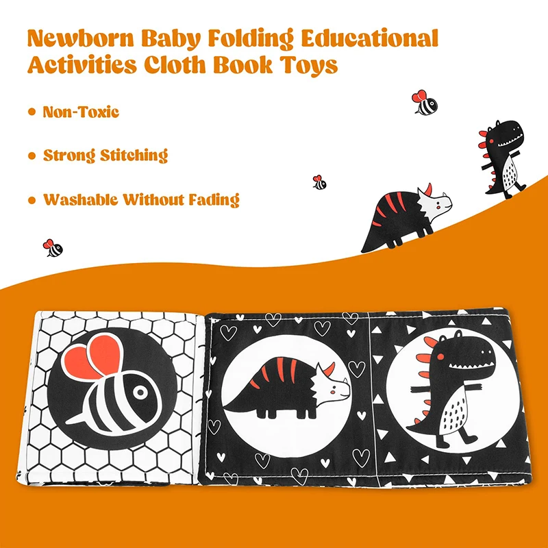 Libro de tela suave para bebé, juguetes sensoriales de alto contraste en blanco y negro, Educación Temprana, libro de tela de actividades sensoriales para bebés - imagen 3