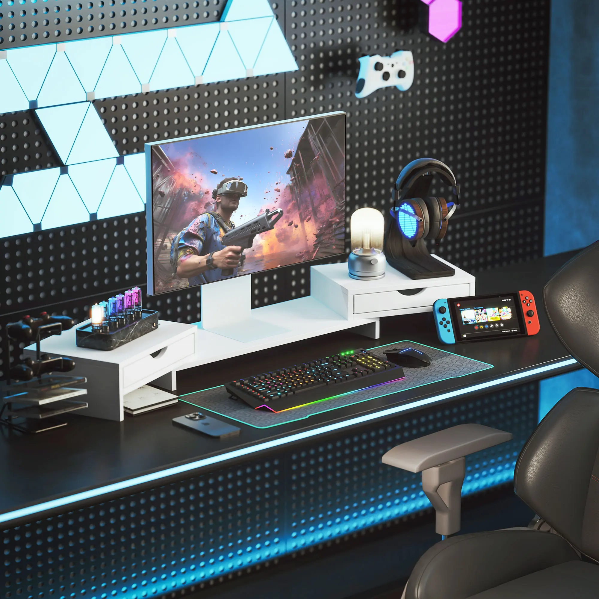 HOMCOM Elevador Monitor Ángulo y Longitud Ajustable Soporte para Monitor con 2 Cajones Soporte de Monitor Escritorio para Portátil Computadora PC 60-116x22x12 cm Blanco - imagen 5