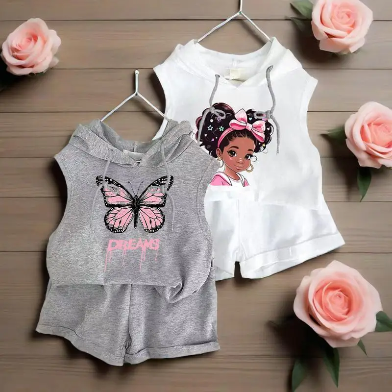 Camiseta de verano para niños, chaleco + Pantalones cortos, conjuntos de 2 uds., Top sin mangas con capucha, traje informal para niñas, ropa deportiva para exteriores para niños - imagen 3