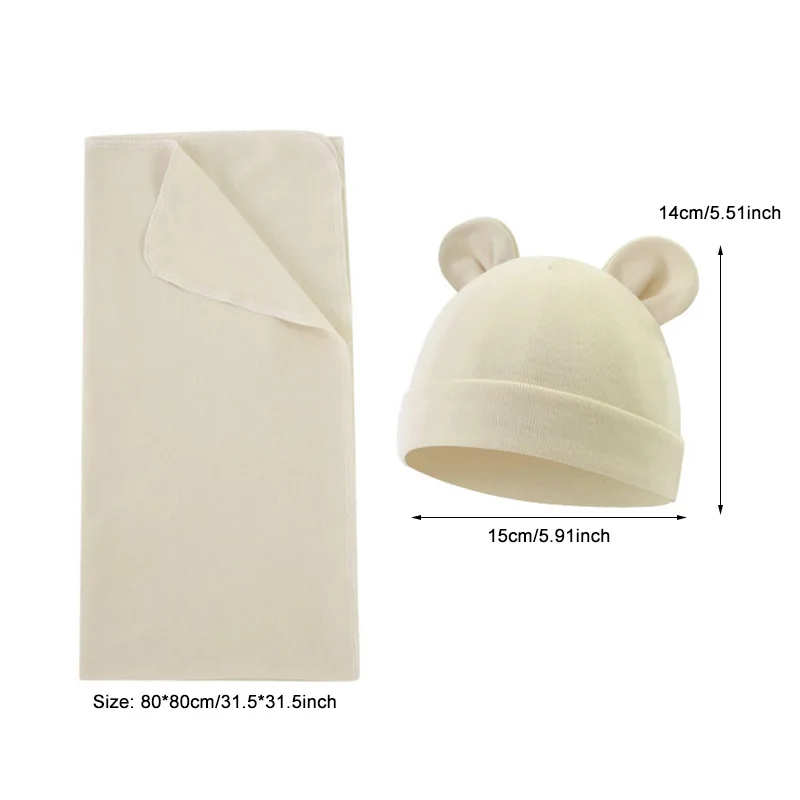 Conjunto de gorro y manta para bebé recién nacido, algodón para todas las estaciones, toalla para envolver, artículos de cama infantiles de Color sólido, 80x80Cm - imagen 2