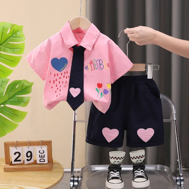 Nueva ropa de verano para bebés, traje para niños, camisa de manga corta, pantalones cortos, 2 unids/set, ropa para niñas, disfraz informal de algodón para niños pequeños - imagen 3