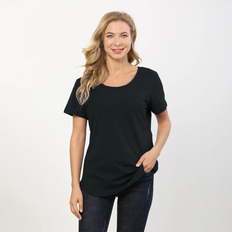 Camiseta de maternidad de talla grande para verano, ropa de lactancia de manga corta, cremallera Invisible, dobladillo curvo de apertura, algodón, talla estadounidense S-5XL - imagen 4