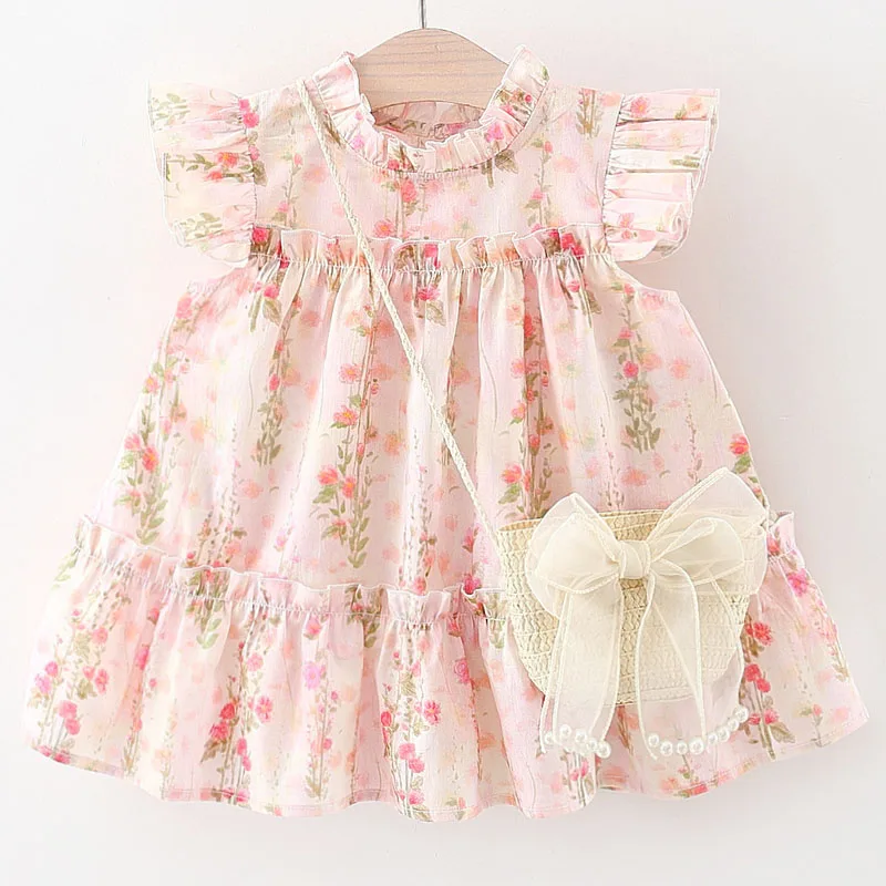 Vestidos de niña de flores de verano de 2 piezas, moda coreana, bonito vestido de princesa sin mangas para niños pequeños + bolso con lazo, ropa de Boutique para niños B113