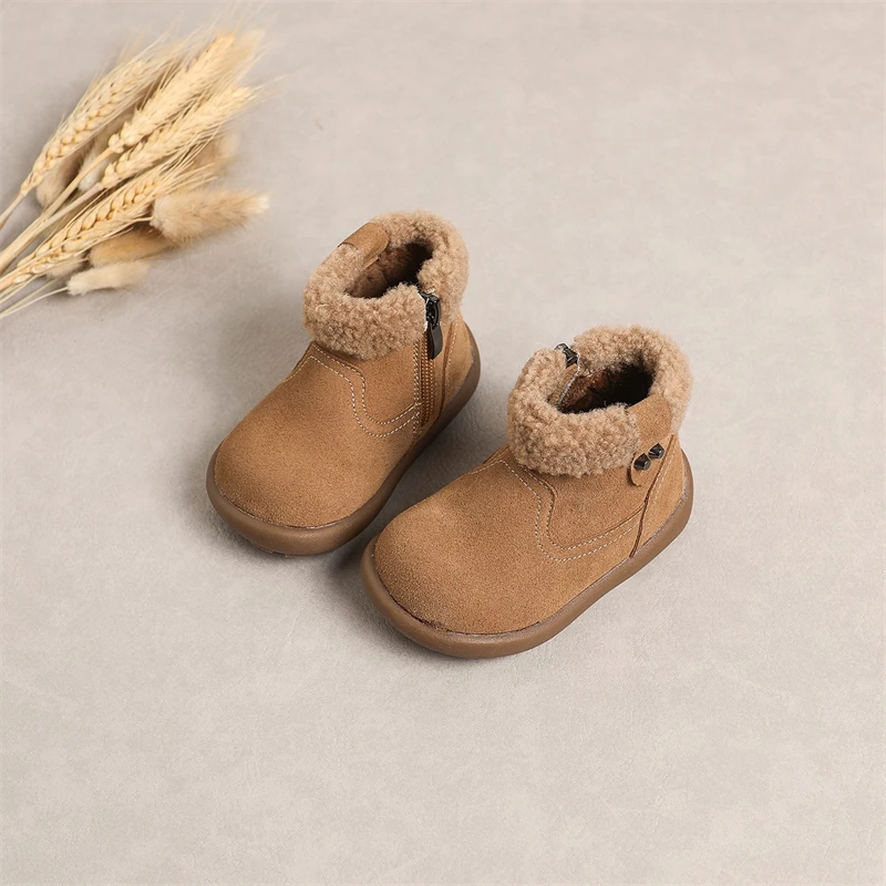 Botas de nieve de cuero genuino para bebés y niños, botas de felpa para niños, suela suave antideslizante para exteriores, zapatos para niños pequeños, Otoño Invierno - imagen 2