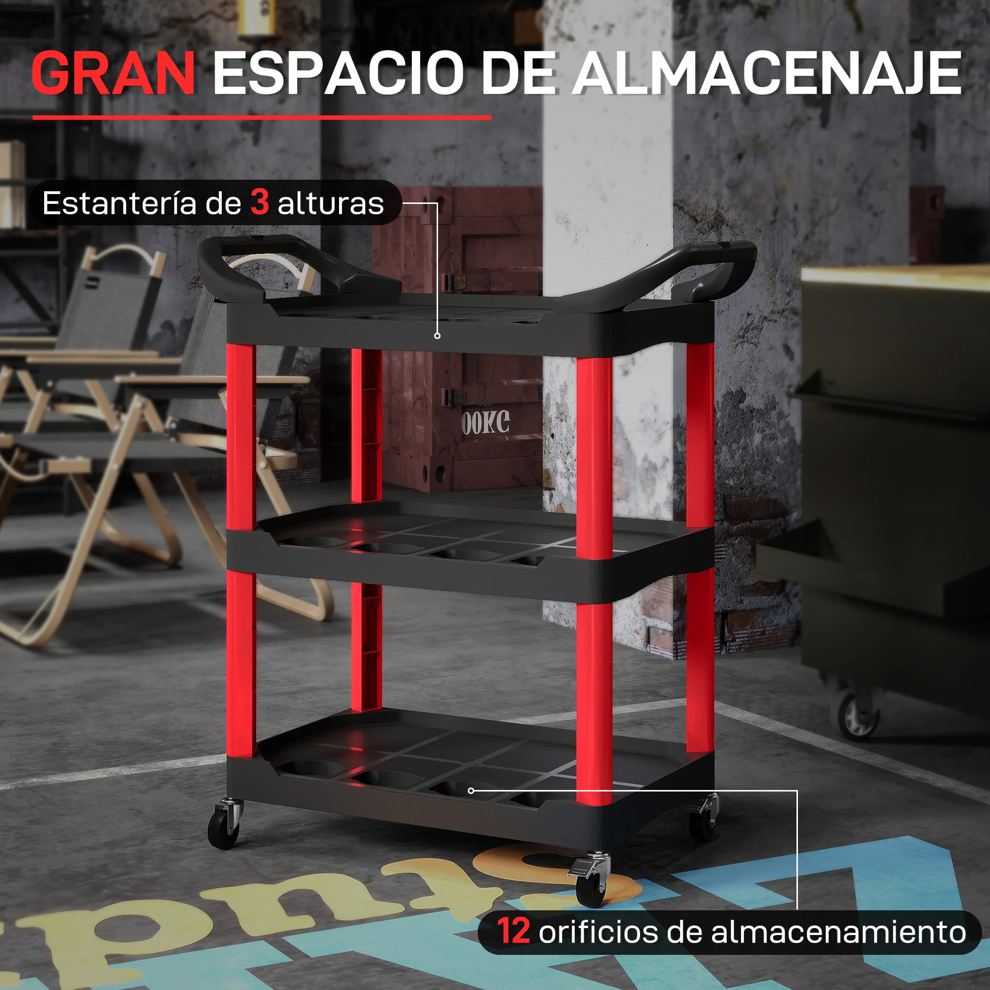 HOMCOM Carro de Taller Carro de Herramientas con 3 Estantes Ruedas y Asas para Garaje Mecánico Hogar Carga 91 kg Rojo y Negro - imagen 4