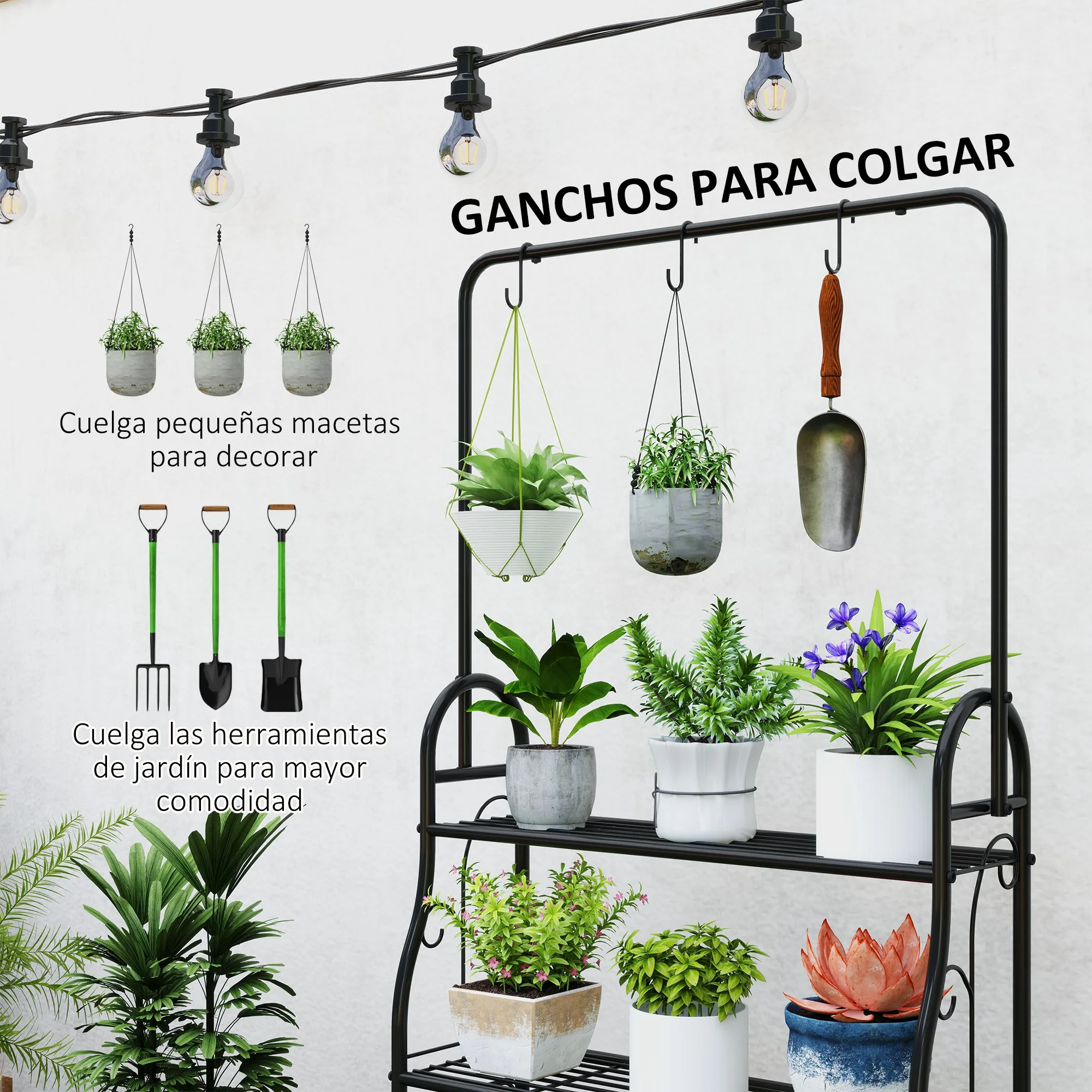 Outsunny Estantería para Plantas de 3 Niveles Soporte para Plantas con Ganchos de Metal Barra para Colgar Soporte para Macetas para Interior y Exterior Negro - imagen 5