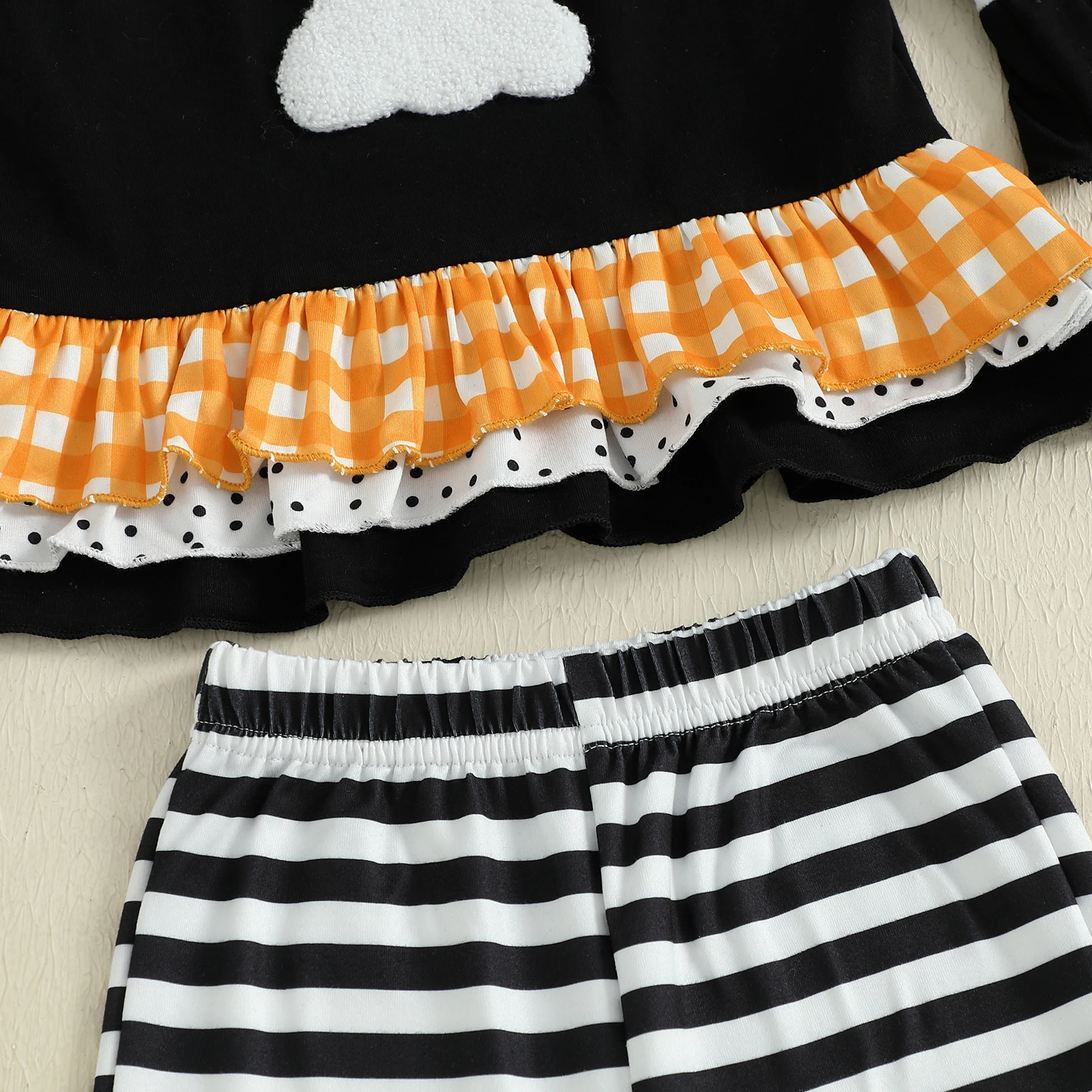 Conjuntos de Halloween para niña de 0 a 3 años, Tops de manga larga con volantes y pantalones acampanados a rayas, conjunto de ropa de otoño para niños pequeños - imagen 4