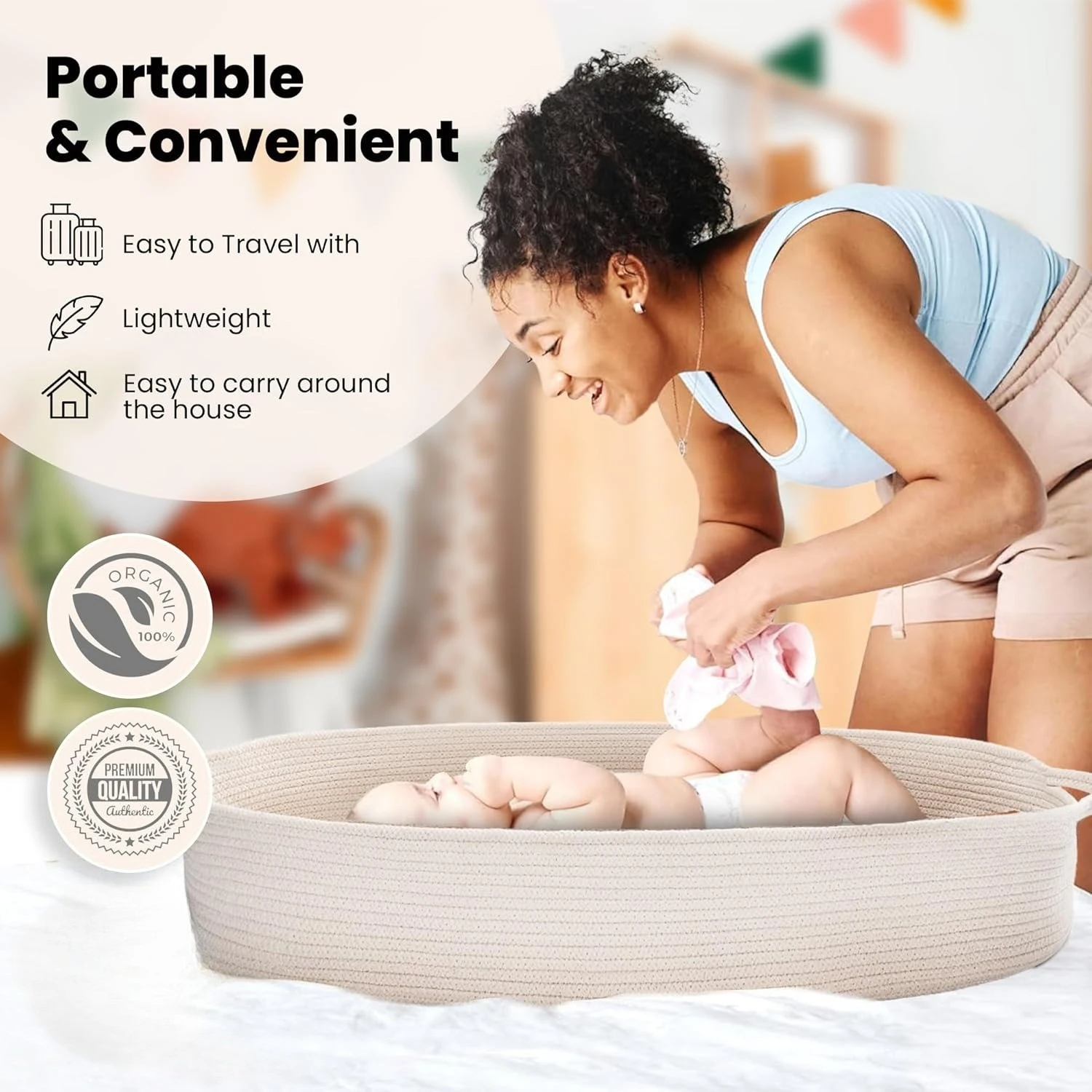 Cesta para cambiar pañales de bebé, cesta Moisés para bebés, cesta para cambiar pañales de cuerda de algodón, cambiador de pañales de espuma para tocador - imagen 2