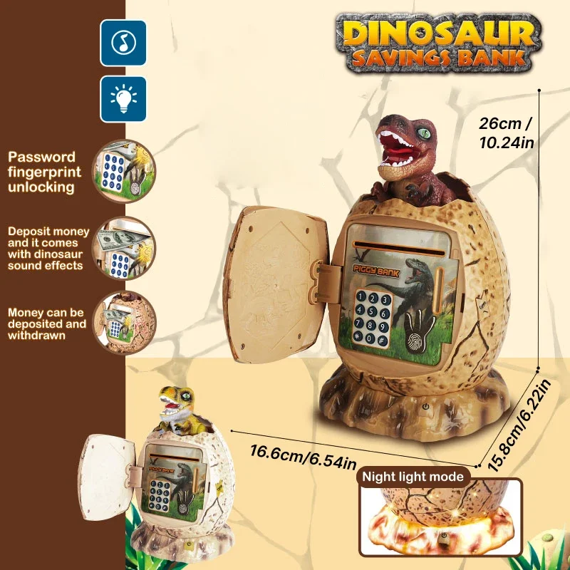 Hucha de huevo de dinosaurio para niños, caja de dinero con contraseña de huella dactilar con luz de música, cajero automático electrónico, caja de monedas, casa de juegos, juguetes - imagen 5