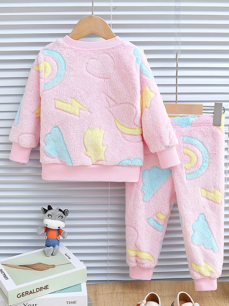2 uds bebé niña Otoño e Invierno luz nocturna Arco Iris amor nube patrón felpa gruesa manga larga top y pantalones accesorios para niños - imagen 2