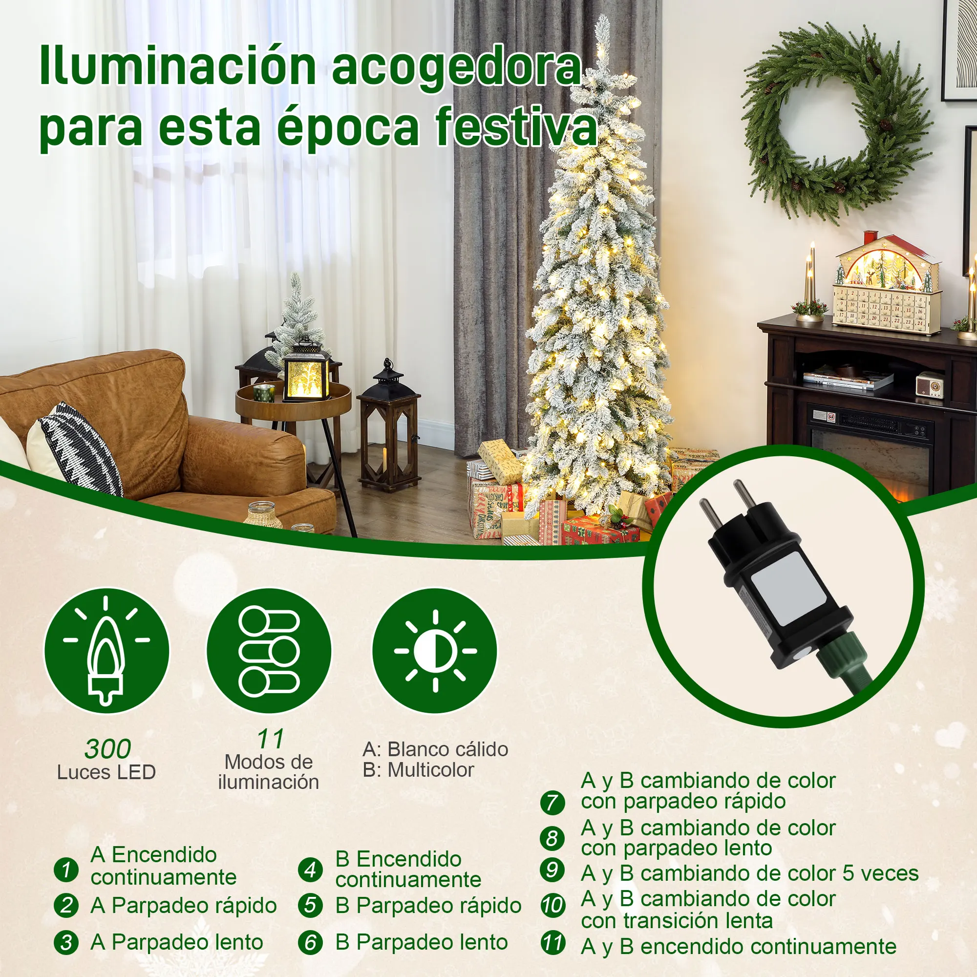 HOMCOM Árbol de Navidad Estrecho 180 cm con Luces LED Bicolores y 11 Modos, Árbol de Navidad Nevado, Temporizador, 540 Ramas, Soporte de Acero, Montaje Fácil, Verde - imagen 5