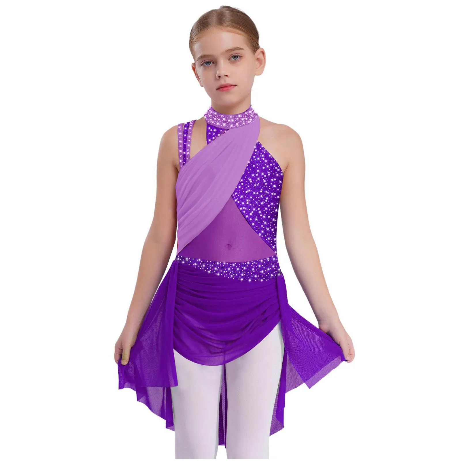 Vestido de leotardo de Ballet para niñas, traje de baile de patinaje artístico con diamantes de imitación, sin mangas, entrecruzado, con tiras en la espalda, Ropa de baile lírico - imagen 4