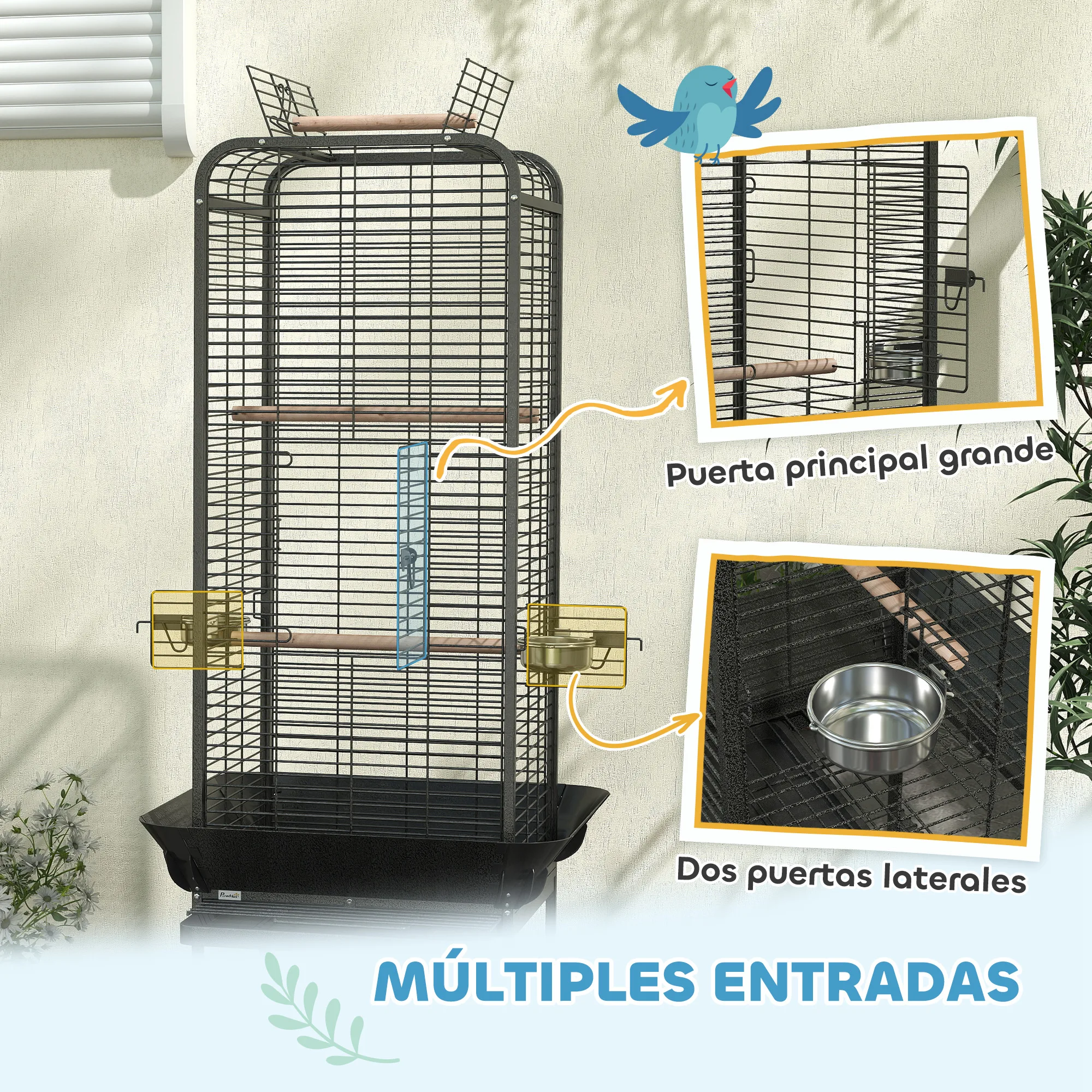 PawHut Jaula para Pájaros Jaula para Loros con Ruedas Perchas Comederos Estante y Bandeja Extraíble Pajarera para Cacatúas Cotorras 62,5x62,5x146 cm Gris Oscuro - imagen 5