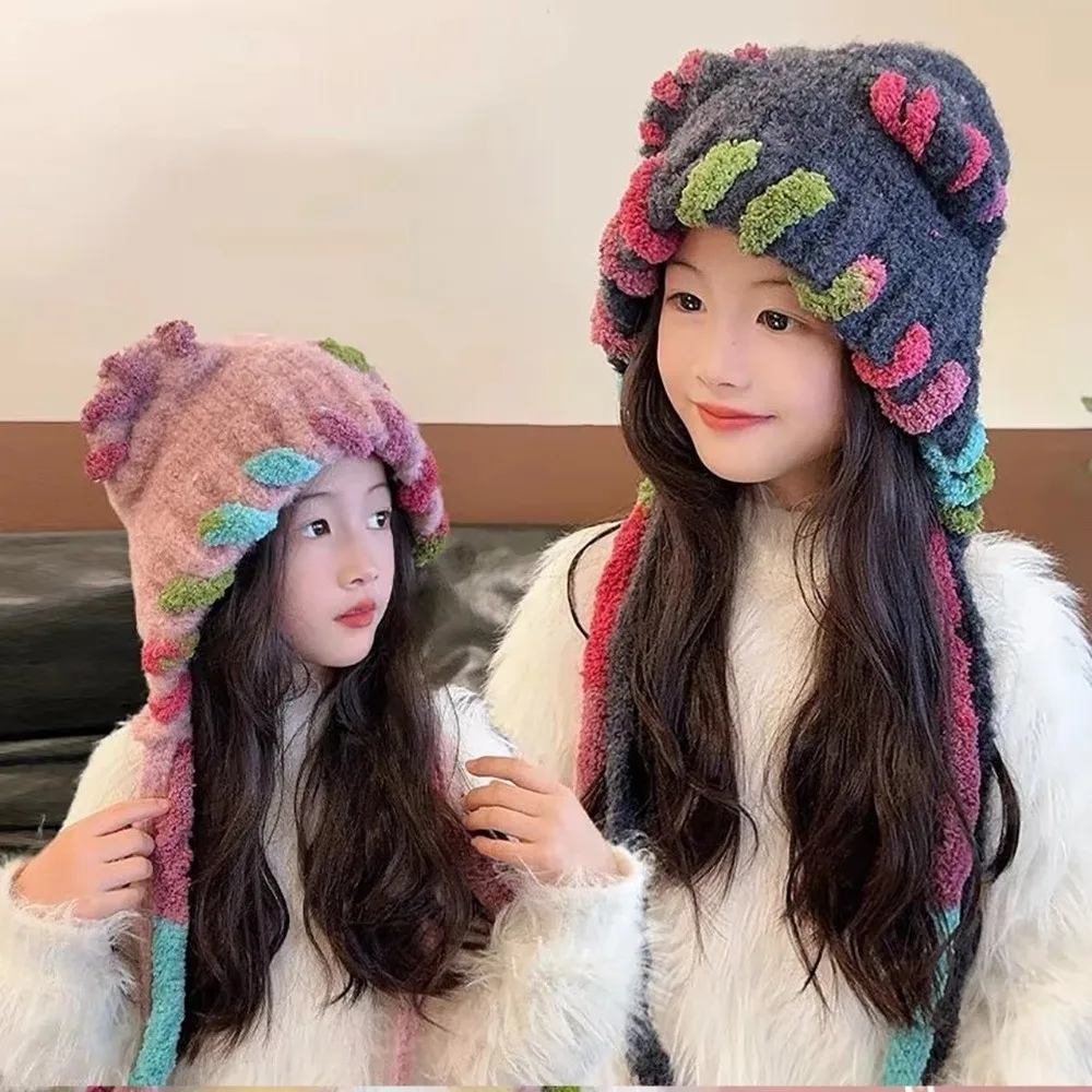 Gorro ligero y cálido de lana tejido con orejas, gorro elástico ajustable para protección de oídos para niños, correas de borlas a prueba de viento, gorro con orejeras - imagen 3