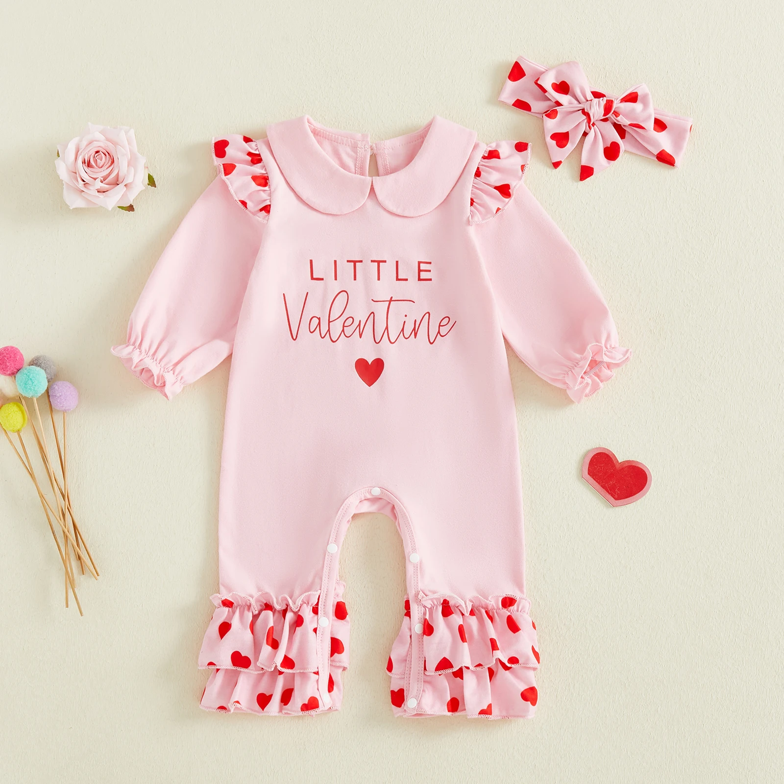 SUNSIOM Conjunto de 2 piezas para bebé recién nacido, niña, día de San Valentín, corazón, letra, volantes, manga larga, mameluco y diadema - imagen 4