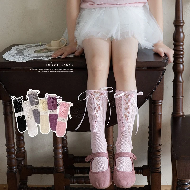 Calcetines altos de encaje rosa con lazo – Holgados para niñas - imagen 4