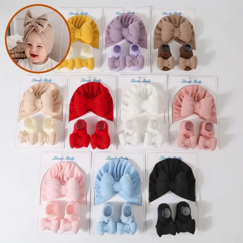 1 Juego de gorro bonito para niño y niña, calcetín sencillo de Color sólido, turbante para bebé, calcetín tobillero, accesorios de fotografía recién nacido