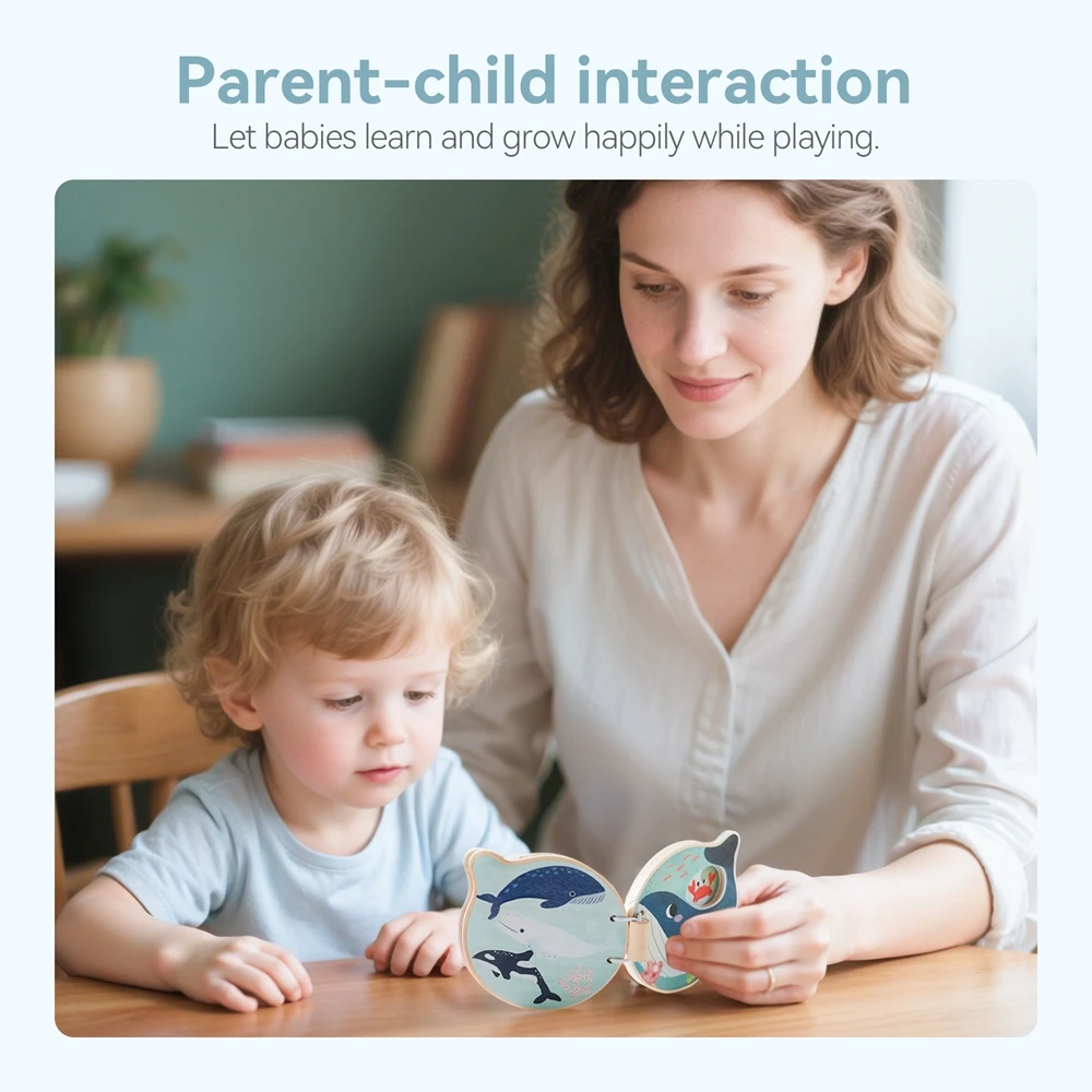 Libro de madera para bebés, juguetes educativos tempranos, lectura de iluminación Montessori, ilustración de animales marinos, libro cognitivo para niños pequeños - imagen 5