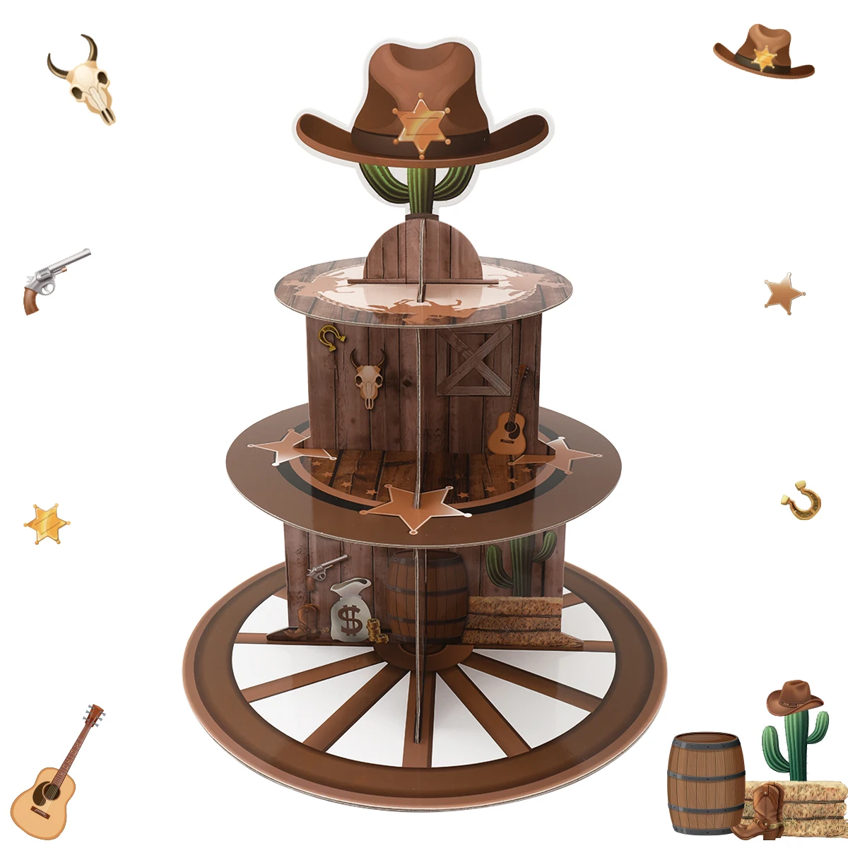 Soporte de papel para pastel de West Cowboy de 3 niveles, decoración para fiesta de feliz cumpleaños de West Cowboy, decoraciones para pasteles para niños y niñas, suministros para Baby Shower