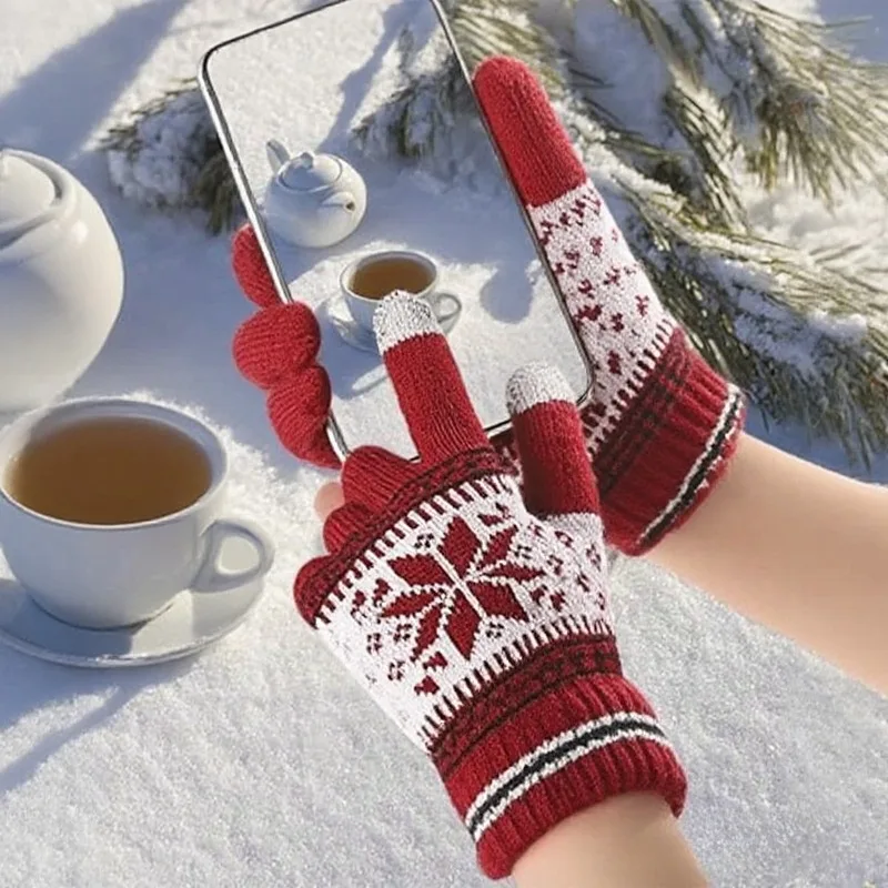 1 par de guantes de punto con pantalla táctil, patrón de copo de nieve, guantes de invierno de punto gruesos y cálidos con dedos completos para hombres y mujeres, guantes para parejas - imagen 5