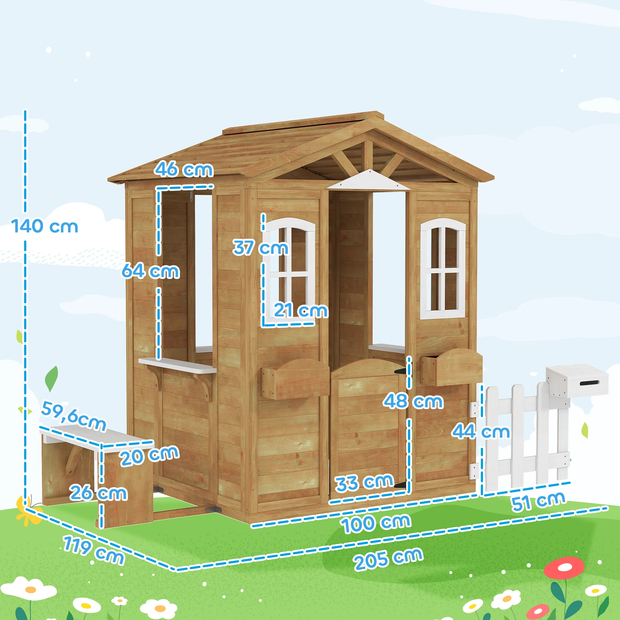Outsunny Casita Infantil Exterior de Madera Casita Infantil de Jardín con Buzón Ventanas Jardinera Mostrador y Banco Casa de Juegos para Niños a Partir de 3 Años Natural - imagen 3