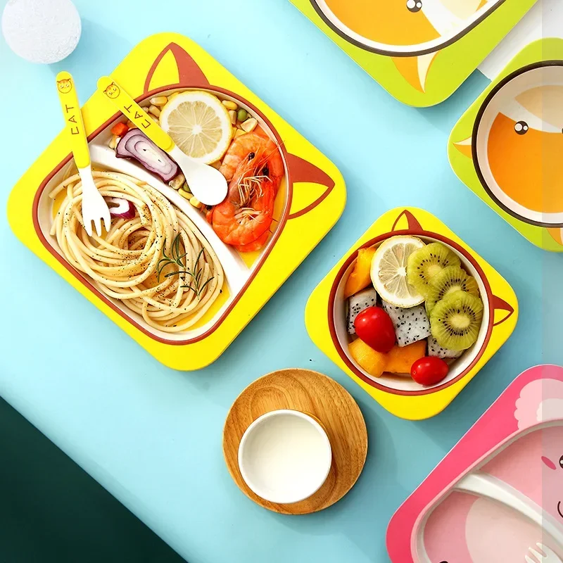Juego de vajilla de fibra de bambú Natural para niños, cuenco con taza, cuchara, plato, tenedor, platos de alimentación, utensilios al por mayor, 5 piezas por juego - imagen 4
