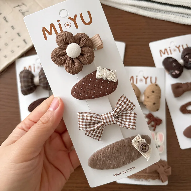 4 unids/set de pinzas para el pelo para niños de Color café con leche, Clips a presión de flores de tela con lazo, pasadores laterales totalmente cubiertos seguros para bebés para niñas