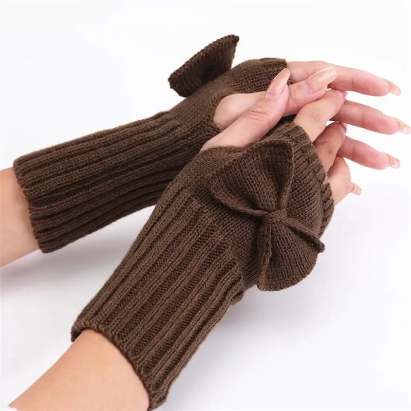 Guantes sin dedos para mujer, manopla más cálida para invierno, ropa suave para niñas con manga Kawaii, guantes tejidos con lazo para invierno, regalo - imagen 4