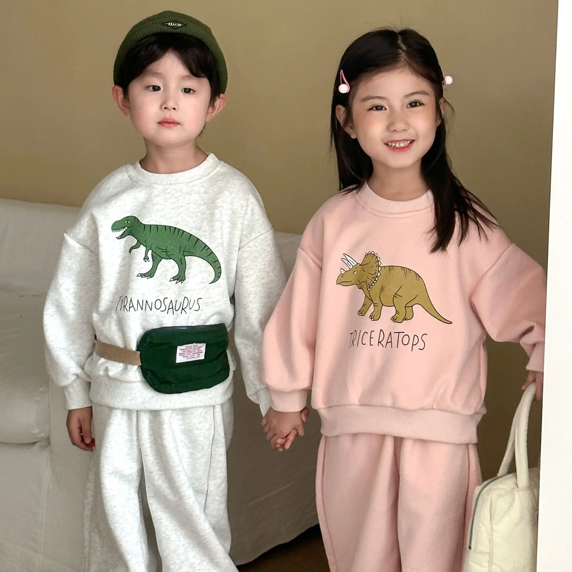Nuevo conjunto de ropa de otoño para niños, traje deportivo para hermanos y hermanas, Sudadera con capucha y pantalones con estampado de dinosaurio, ropa para niños de 2 uds - imagen 5