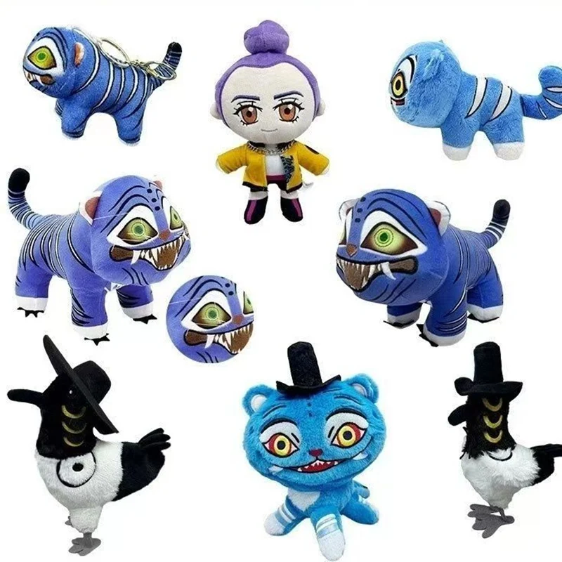 Nuevo Kpop Demon Hunters tigre de peluche de juguete lindo pájaro de dibujos animados tigre púrpura sombrero negro Plushie Kawaii accesorios de Anime muñeco de peluche