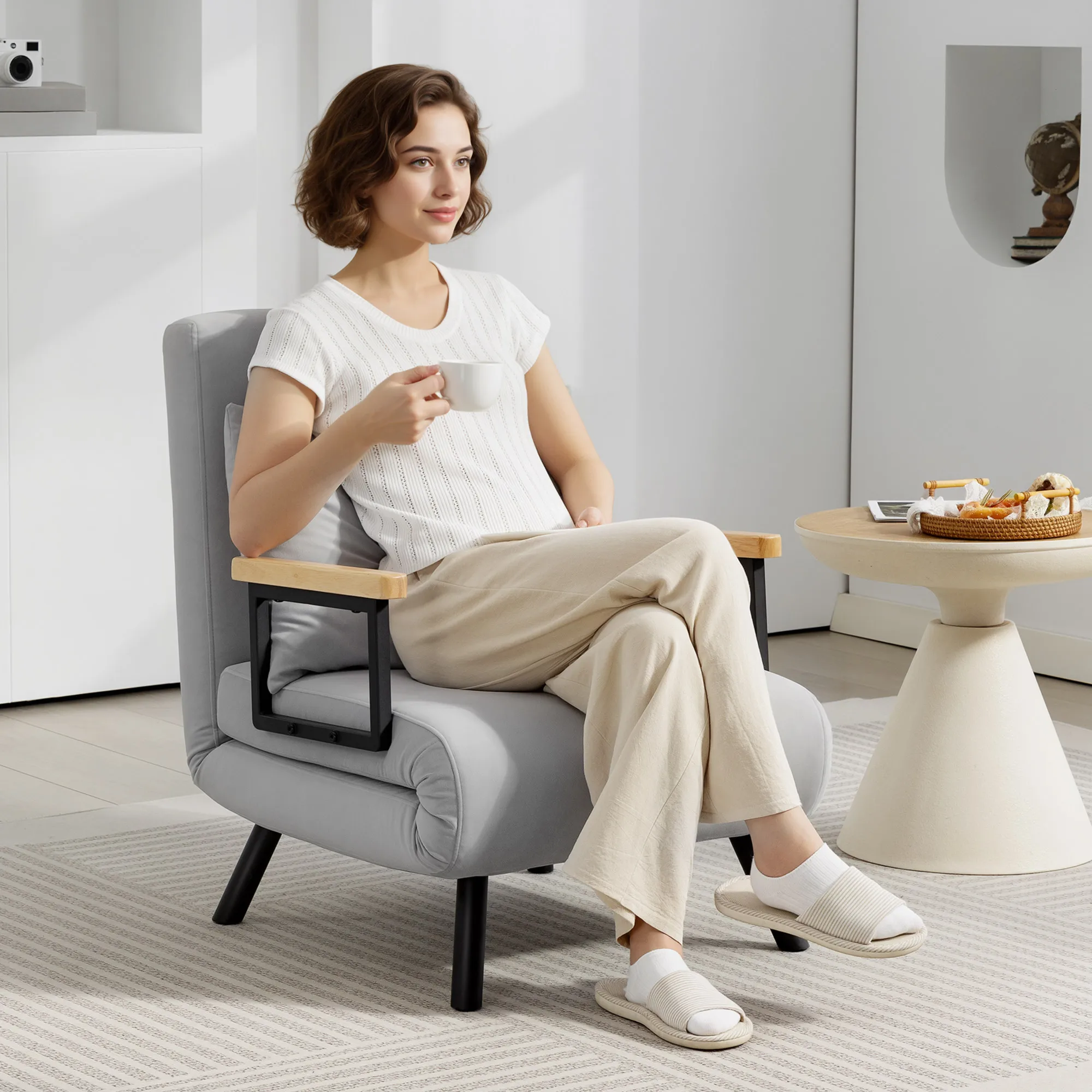 HOMCOM Sofá Cama de 4 en 1, Sofá Cama Plegable Tapizado en Terciopelo con Respaldo Ajustable de 5 Niveles y Almohada Acolchada, para Oficina, Dormitorio, Salón, Gris Claro - imagen 2