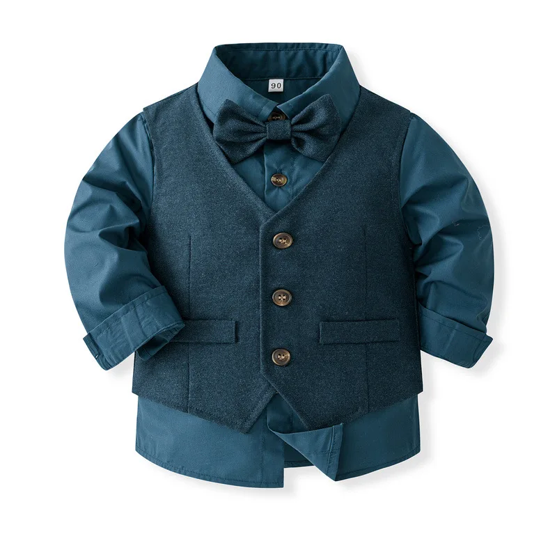 4 piezas primavera otoño niño pequeño ropa moda coreana Gentieman corbata chaleco + Tops + Pantalones ropa de bebé conjunto para niños BC857 - imagen 3