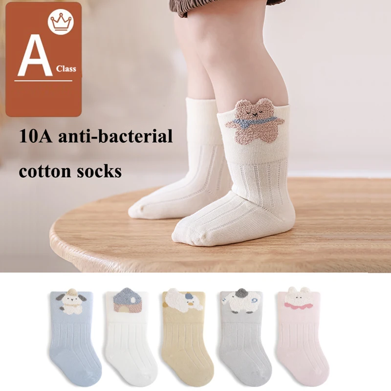 3 pares de calcetines de bebé nuevos de primavera 10A calcetines de algodón antibacterianos sin costuras para recién nacidos calcetines de alta elasticidad con dibujos animados para niños pequeños