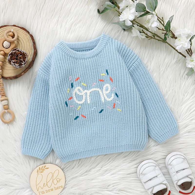 Suéteres para niñas, Otoño Invierno, cuello redondo azul, manga larga, tejidos para recién nacidos, prendas de punto con letras, jerséis, ropa para niños de 1 a 3 años
