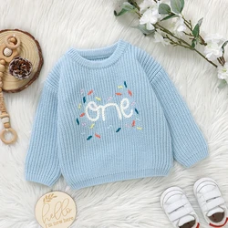 Suéter de punto cuello redondo azul para niña – Otoño Invierno
