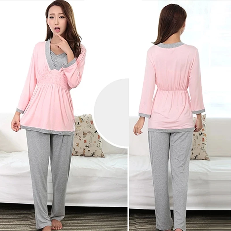 Camisón de maternidad, pijamas de lactancia, ropa de dormir para embarazo, conjunto de pijamas de lactancia para mujer, ropa suave para el hogar para Otoño e Invierno 2 unids/set - imagen 4