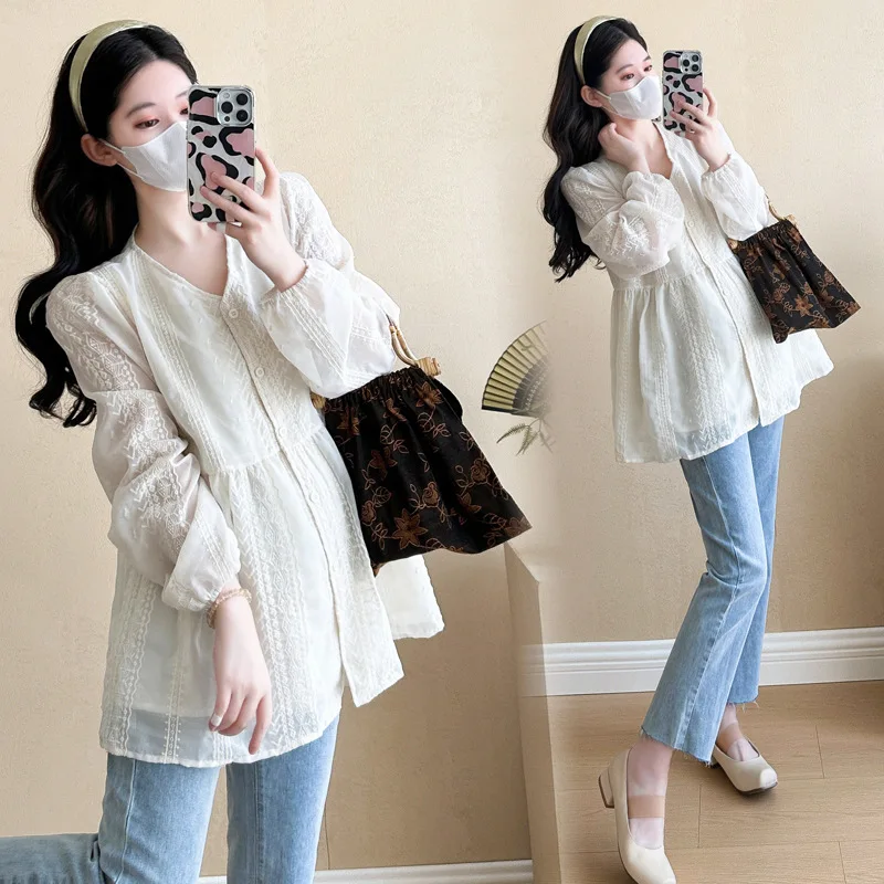 7155 #   2023 otoño moda coreana blusa de maternidad dulce linda camisa estampada con flora túnica ropa para mujeres embarazadas Tops de embarazo - imagen 3