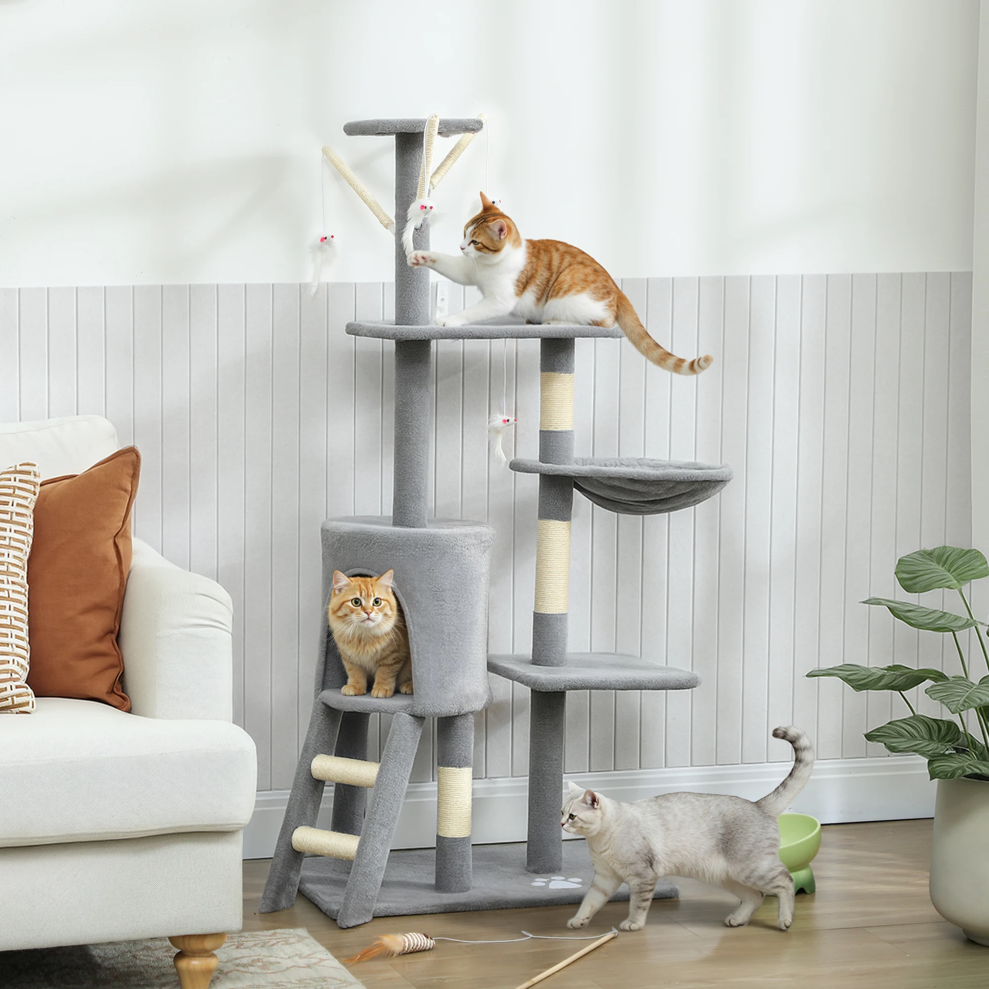PawHut Árbol Rascador para Gatos Grande, Árbol para Gatos, Altura 134 cm, Torre de Escalada con 6 Postes de Sisal, 3 Plataformas, 1 Cueva, 1 Hamaca, 1 Escalera, 4 Juguetes Colgantes - imagen 2