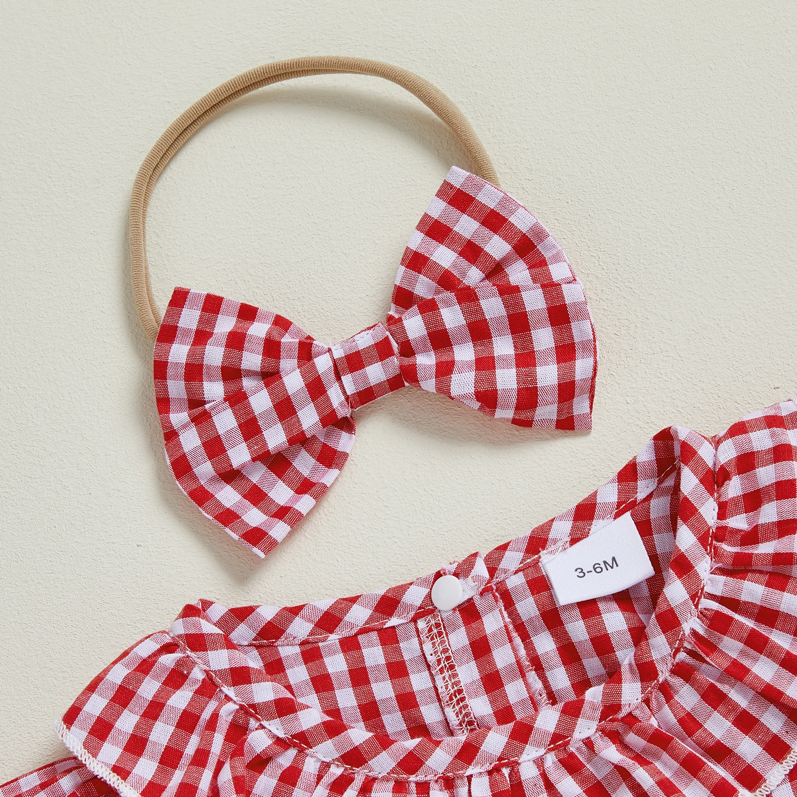 Traje de Navidad para niña de 0 a 18 meses, estampado a cuadros, bordado de Papá Noel, volantes, cuello redondo, manga larga, mameluco, diadema con lazo, 2 uds. - imagen 4