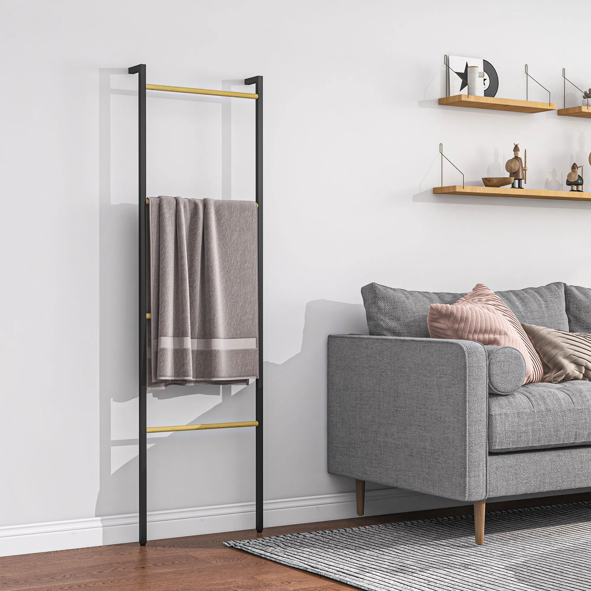 HOMCOM Toallero de 4 Niveles Toallero Escalera Apoyado en la Pared Toallero de Baño con 4 Barras de Bambú y Marco de Acero 49x5,5x167,5 cm Negro y Natural - imagen 5