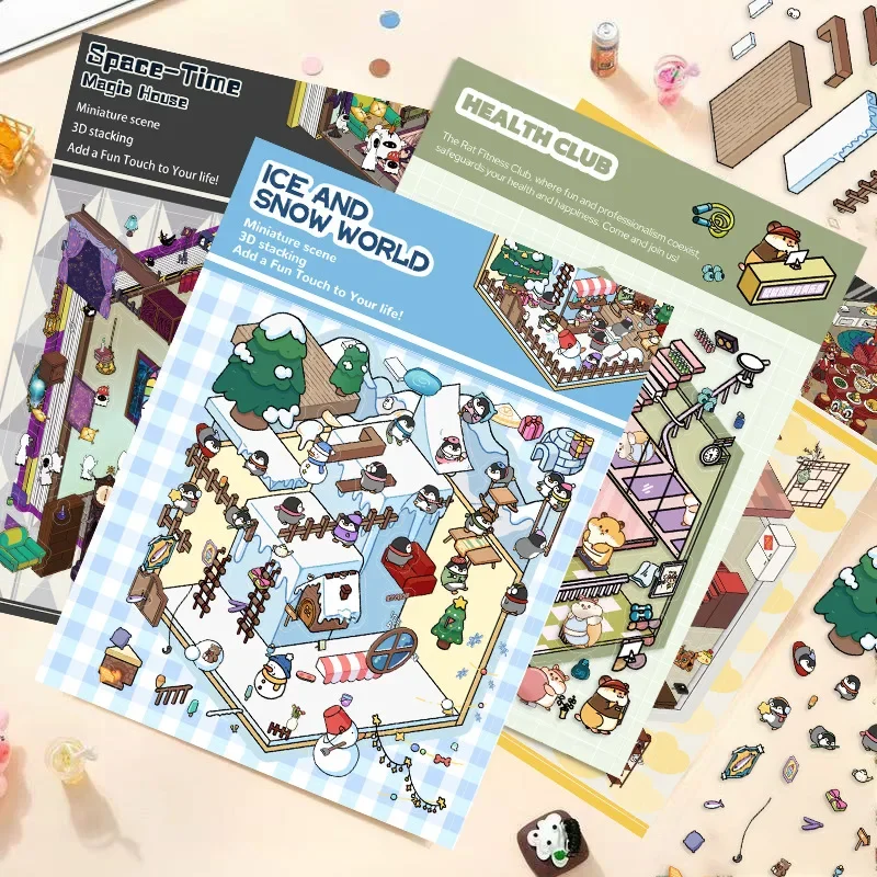 Escena en miniatura del mundo de hielo y nieve de dibujos animados, pegatinas de paisajismo 3D, escena DIY, apilamiento y pegado, cuenta de mano, regalos creativos - imagen 5