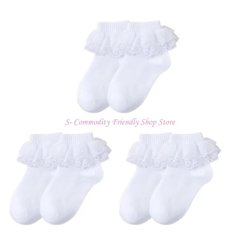 85AE 3 pares calcetines encaje para niños, cómodos calcetines algodón con dulce diseño volantes - imagen 4